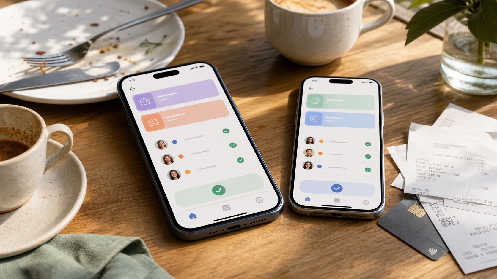 Two phones showing expense lists on a table with receipts and coffee cups.